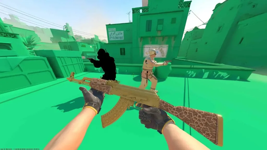 CS2 wallhack-style player outlines on a competitive map